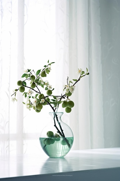 A vase with green flowers and green leaves in it