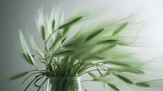 A vase with green grass and a white background