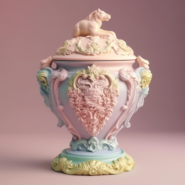 A vase with a horse on it and a pink background.