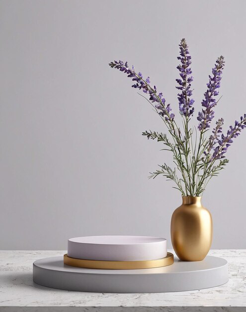 a vase with lavender flowers on a marble table