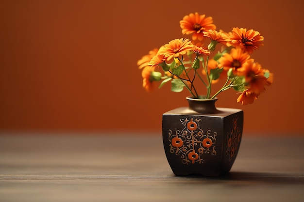 A vase with orange flowers is on a table