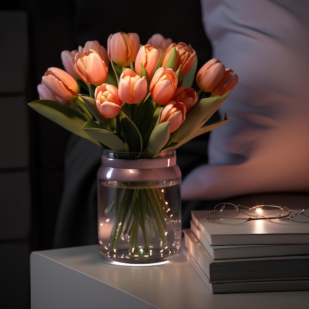 Photo a vase with orange tulips beside some books and some candles