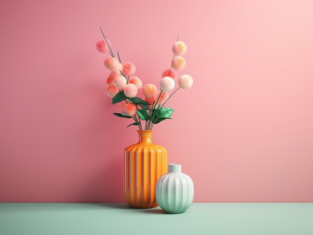 a vase with orange and white flowers in front of a pink wall.