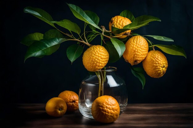 a vase with oranges and a branch with leaves in it