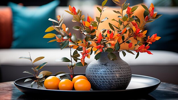 Photo a vase with oranges and a plant on a table