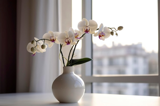 Ваза с цветами орхидеи на белом столе возле окна в помещении генерирует ай