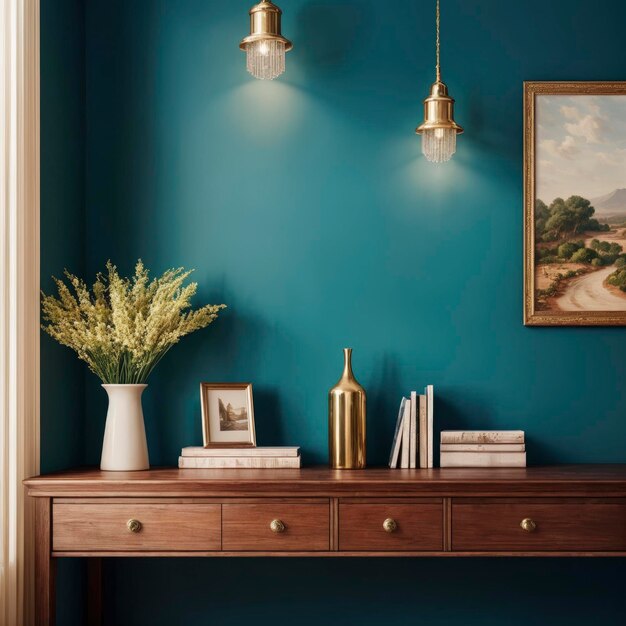 A vase with a palm leaf against a blue wall