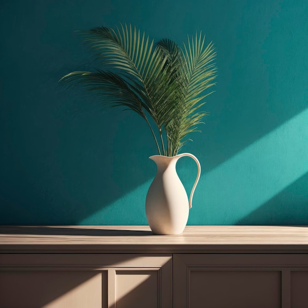 A vase with a palm leaf against a blue wall