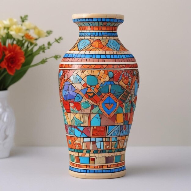 Photo a vase with a pattern of tiles and a vase with a bird on it