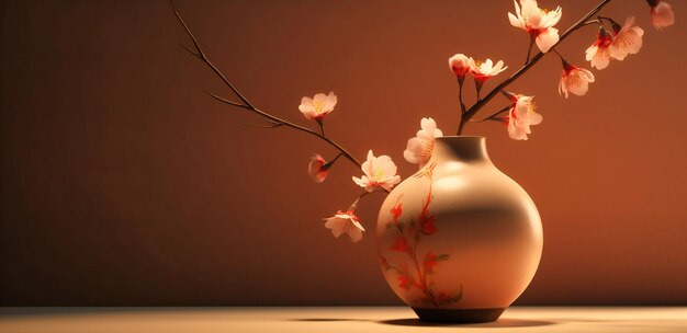 A vase with a piece of cherry blossom in the middle of it sitting on a beige background