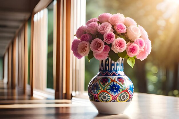 Photo a vase with pink and blue flowers in front of a window
