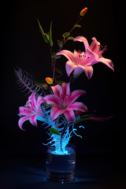 A vase with pink flowers and a blue light on it