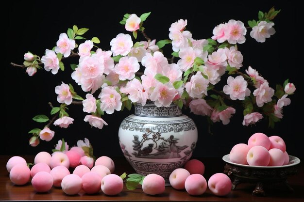 Photo a vase with pink flowers and a bowl of pink and white flowers