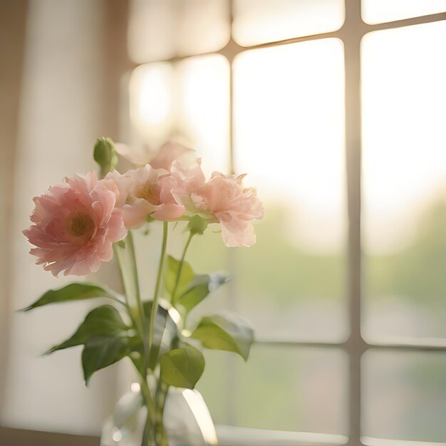 Photo a vase with pink flowers in front of a window