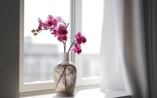 A vase with pink flowers is sitting on a windowsill.