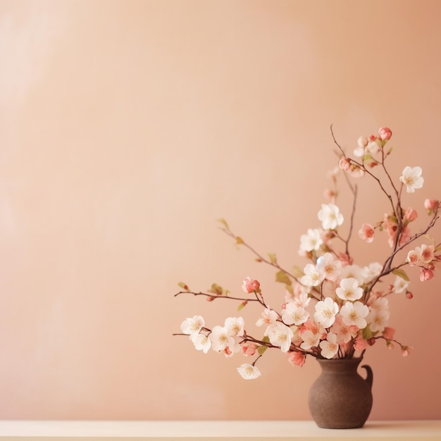 A vase with pink flowers in it is on a shelf.