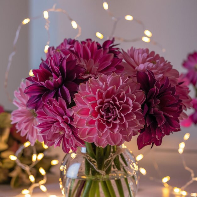 A vase with pink and purple flowers in it and a string of lights behind it FeriadelasFlores