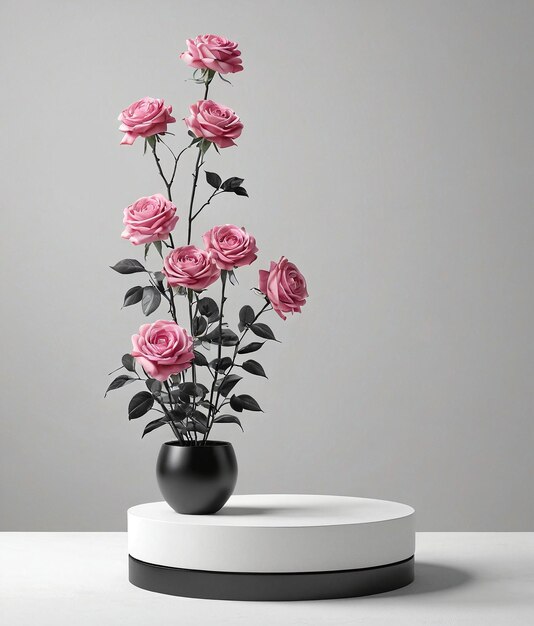 a vase with pink roses in it