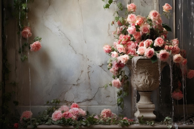 a vase with pink roses on a stone table