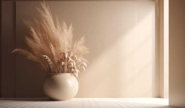 A vase with a plant in it and a blank wall behind it.