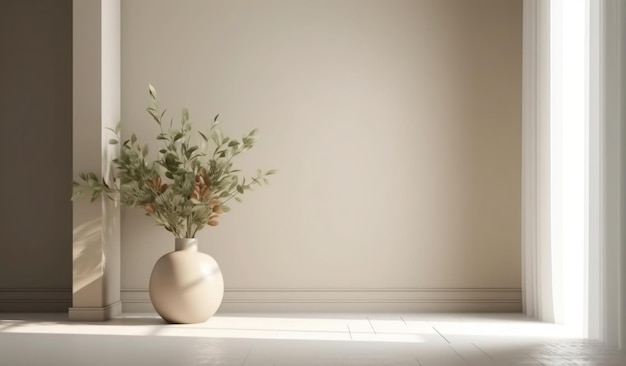A vase with a plant in it is in a room with a wall behind it.