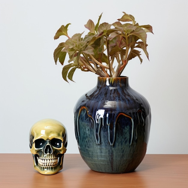 A vase with a plant in it and a skull on the table.