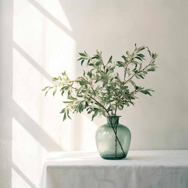 A vase with a plant in it on a table with a white cloth.