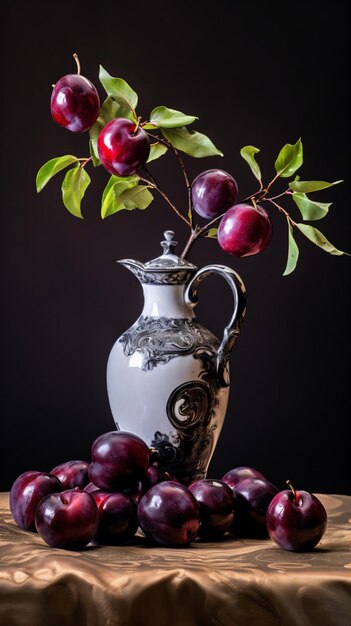 A vase with plums and a branch of plums