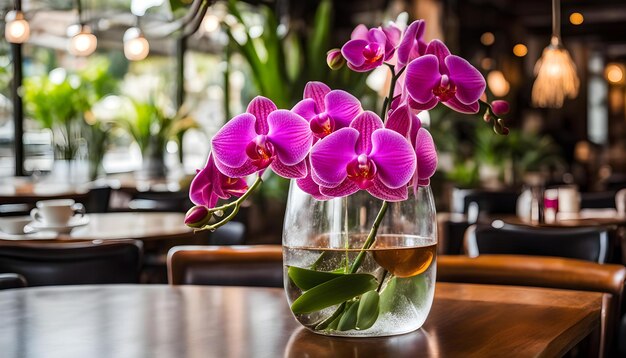 Photo a vase with purple flowers in it and a small glass of water