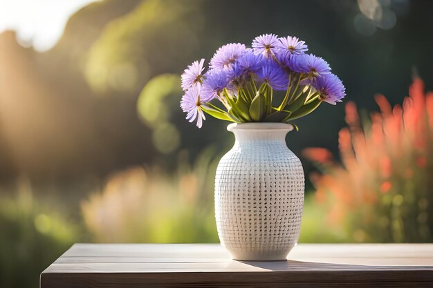 a vase with purple flowers on a window sill