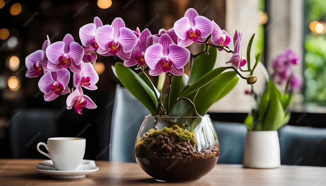 Premium Photo A vase with purple orchids and a cup of coffee on a table