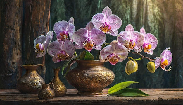 A vase with purple orchids and other vases on a table