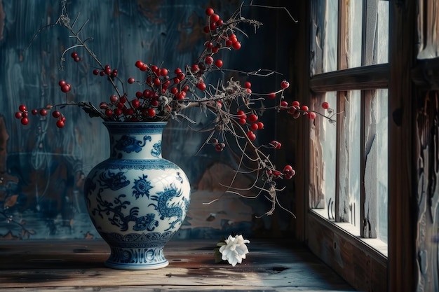 A vase with red berries and a white flower sits on a wooden table