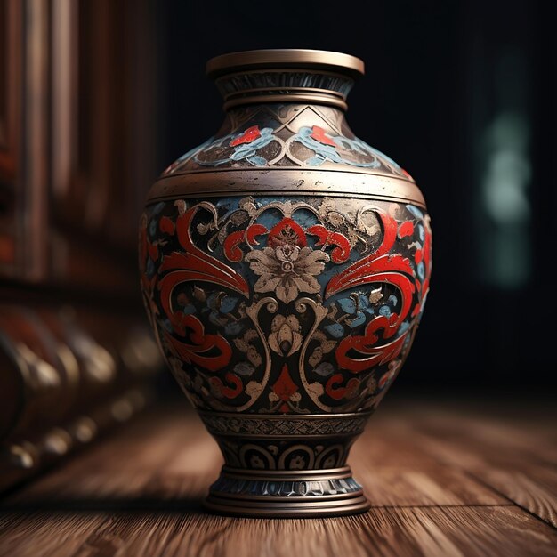 a vase with a red and blue design on the bottom.