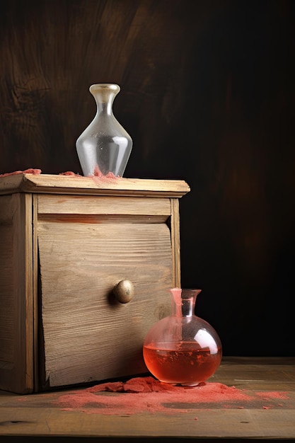 A vase with red liquid on top of a wooden cabinet.