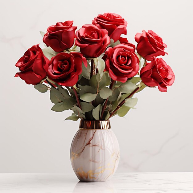 A vase with red roses on a table and a white background