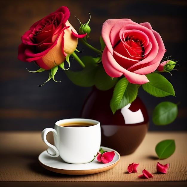 A vase with roses and a cup of coffee with petals on it