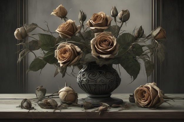 a vase with roses and leaves on a table.