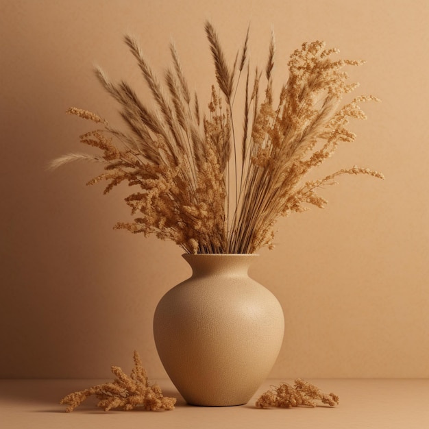 A vase with some dried grass on it