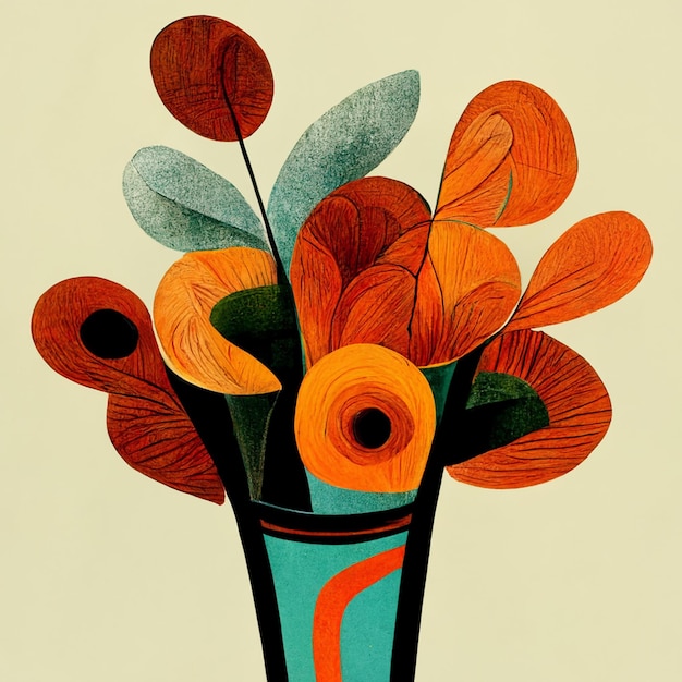 Vase with spring orange flowers bouquet in minimalist vintage style