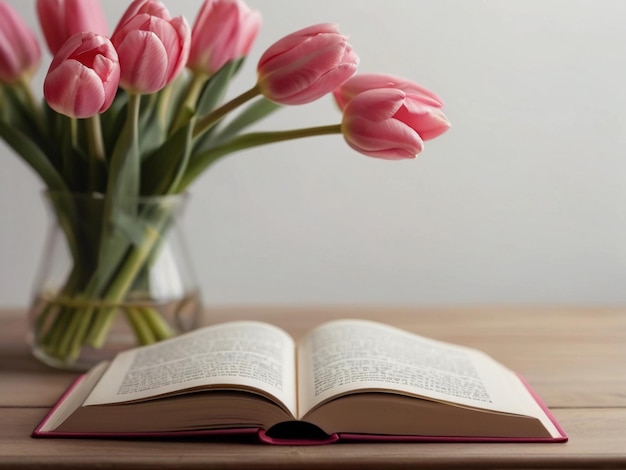 A vase with spring pink tulips next to an open book