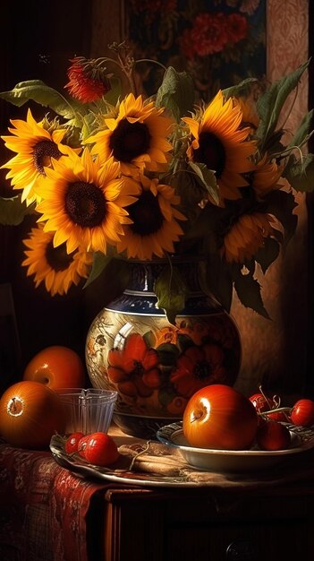 Photo a vase with sunflowers and a candle on it