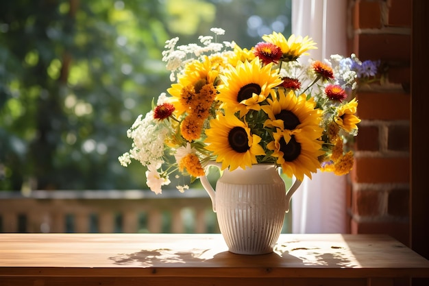 Photo vase with sunflowers on the windowsill