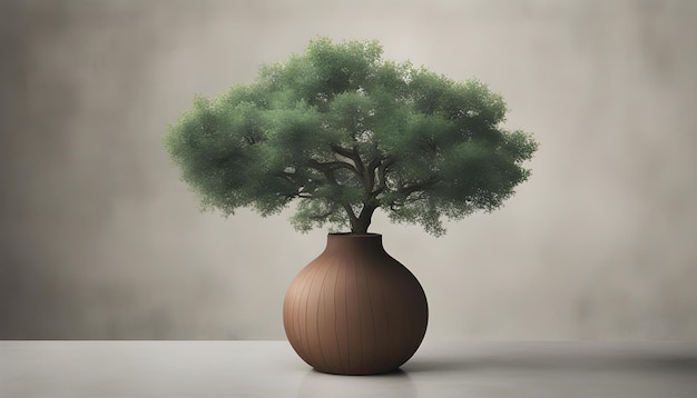 a vase with a tree on it and a tree in the background