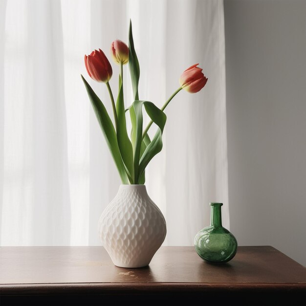 Photo vase with tulip on desk