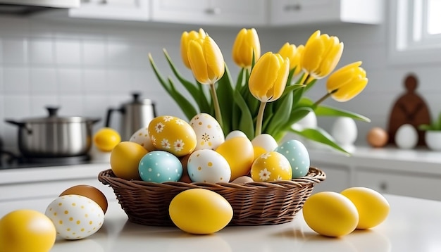 Foto vaso con tulipani e uova di pasqua sul tavolo decorazione per la casa festiva concept di pasqua felice