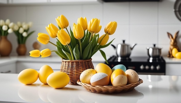 Foto vaso con tulipani e uova di pasqua sul tavolo decorazione per la casa festiva concept di pasqua felice