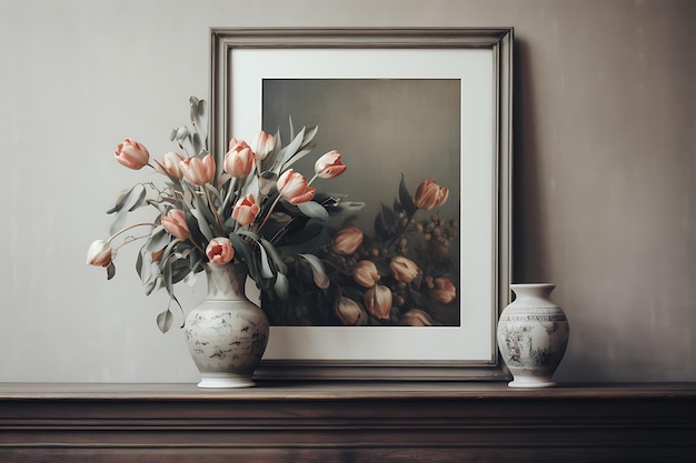 Vase with tulips near frame