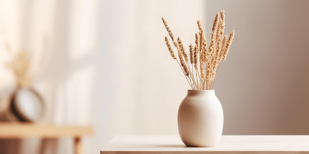 A vase with wheat ears on a table