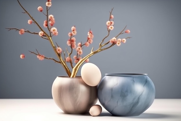 A vase with a white egg sits on a table next to a branch of cherry blossoms